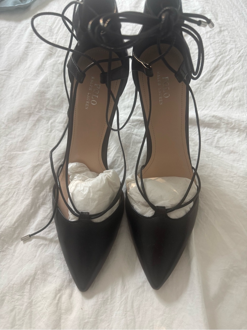 NWOT Polo by Ralph Lauren Black Pointed-Toe Lace-Up Heels 37